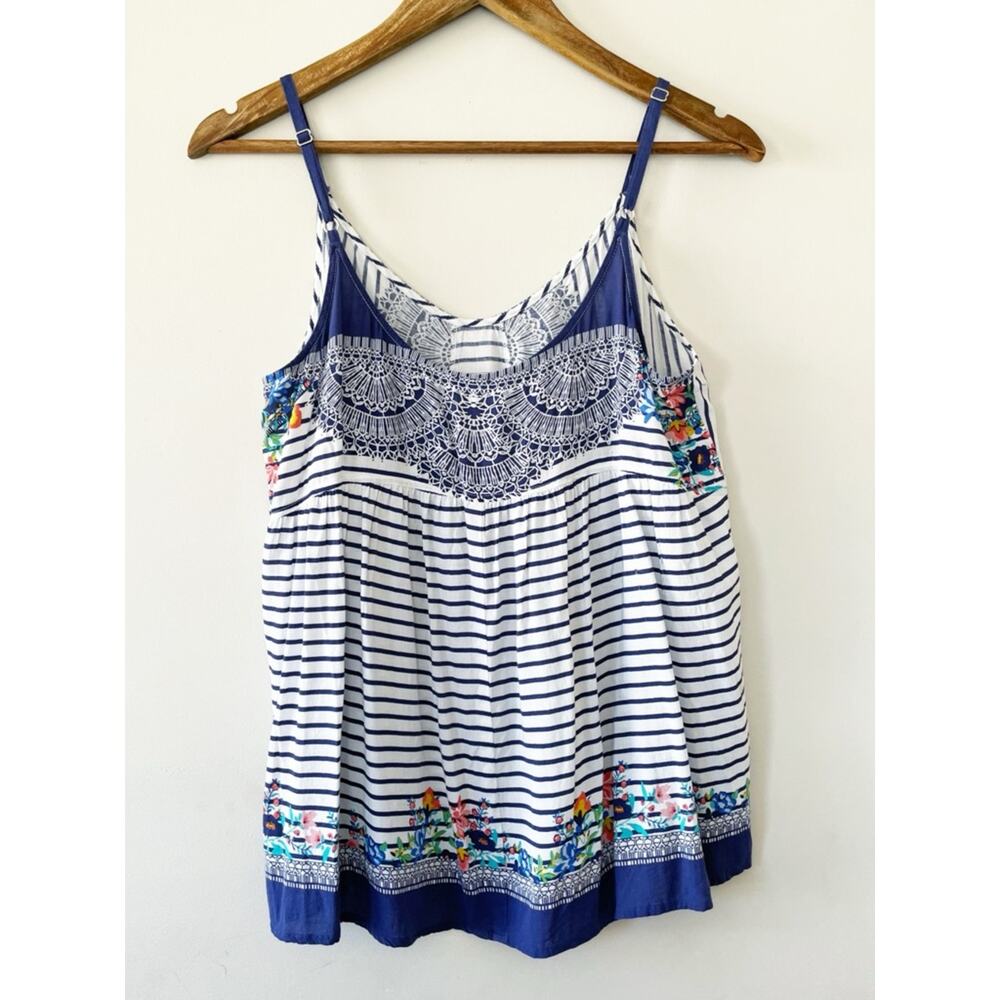 CAbi Navy and White Striped Cami with Floral Hem Size Medium EUC